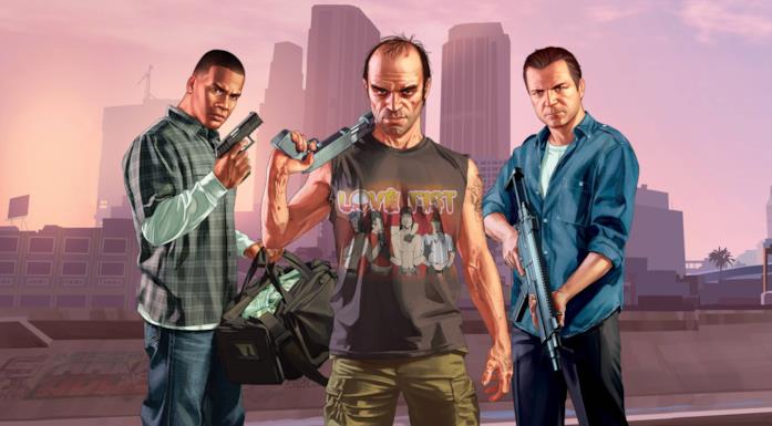 I tre protagonisti di GTA 5 Michael, Trevor e Franklin con alcune armi