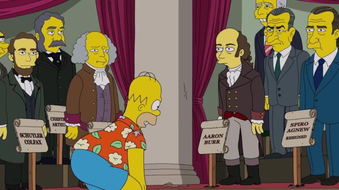 La Vice President Hall Homer guarda gli animatronic dei vicepresidenti americani nel parco a tema