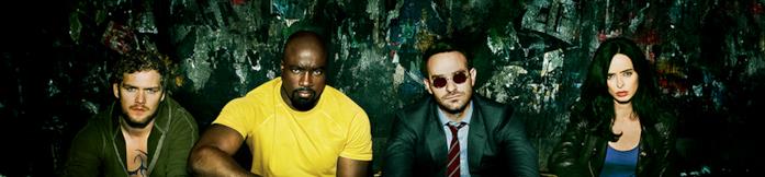 Iron Fist, Luke Cage, Daredevil e Jessica Jones, protagonisti della serie Defenders Finn Jones, Mike Colter, Charlie Cox e Krysten Ritter in Defenders