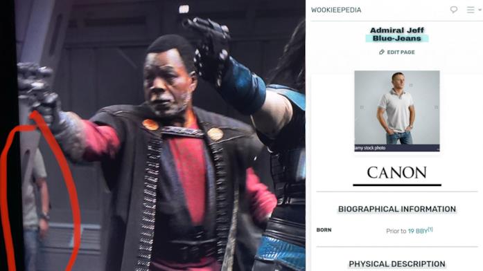 L'immagine dell'uomo in blue jeans su Wookiepedia The Mandalorian ha un 'intruso' nel quarto episodio