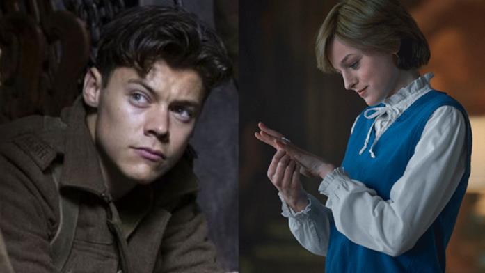 Un collage tra Harry Styles in Dunkirk ed Emma Corrin in The Crown