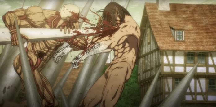 Lo scontro tra i giganti Eren viene ferito da Reiner nella final season