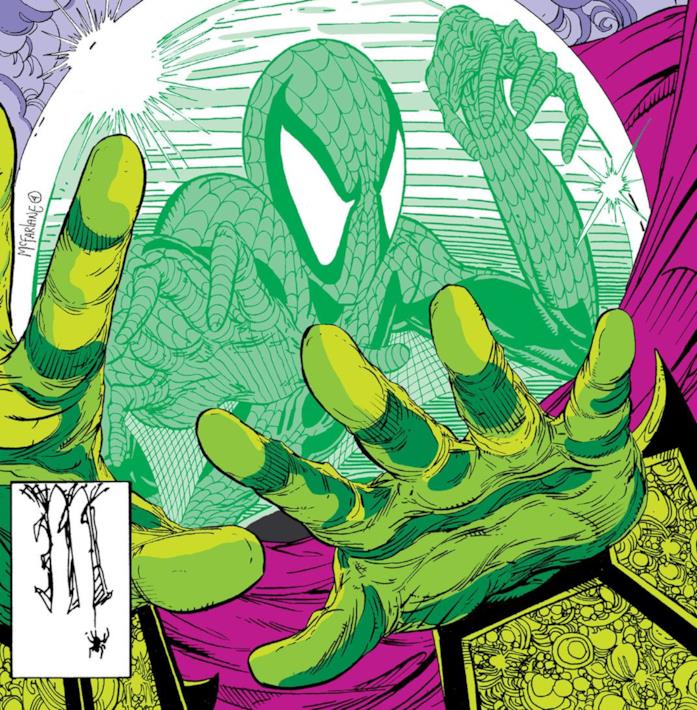 Un'iconica illustrazione di Spider-Man e del suo avversario Mysterio Dettaglio della cover di Amazing Spider-Man #311