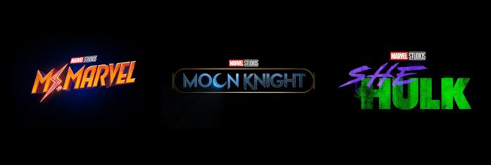 Su Disney+ le serie TV originali su Ms. Marvel, Moon Knight e She-Hulk I loghi di Ms. Marvel, Moon Knight e She-Hulk, in arrivo su Disney+
