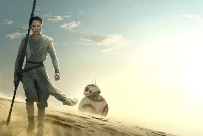 Rey e BB-8 camminano nel deserto