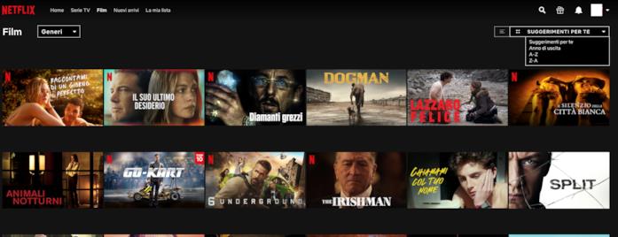 Il menù Netflix con cui impostare l'ordine alfabetico Con il meù a cascata è possibile impostare l'ordine alfabetico