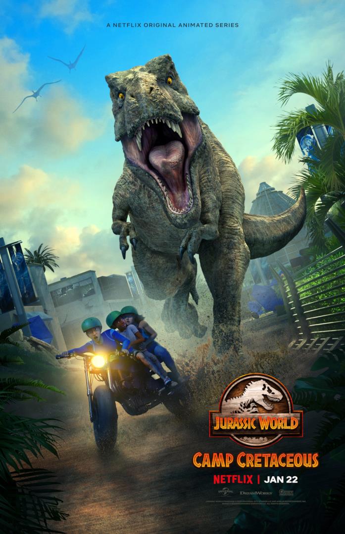 Il poster della seconda stagione di Jurassic World: Nuove Avventure 2 I protagonisti inseguiti dal T-Rex nel poster di Jurassic World: Nuove Avventure 2