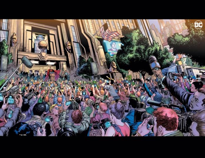 Superman rivelerà la sua identità segreta al mondo di fronte al Daily Planet e a una folla di giornalisti Immagine disegnata di Superman di fronte a una folla di giornalisti