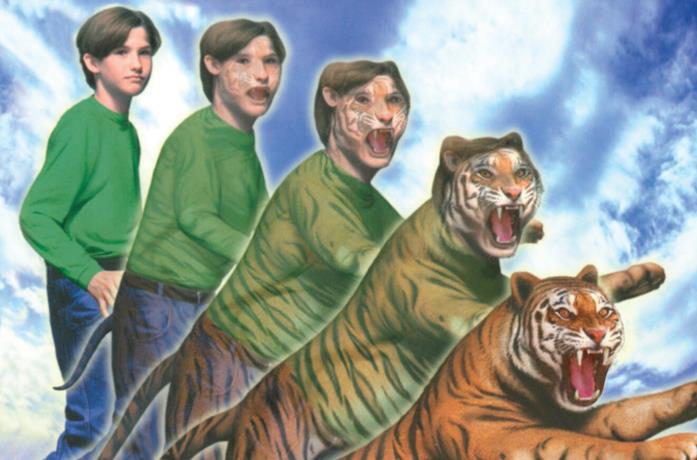 Una trasformazione da ragazzo a tigre sulla copertina di un libro della saga Animorphs