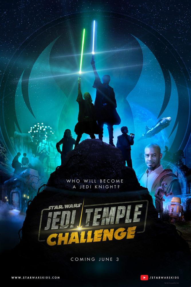Star Wars: Jedi Temple Challenge, la serie Disney per giovani Padawan Ahmed Best insieme ai droidi dello show e a dei bambini con la spada laser nel poster di Star Wars: Jedi Temple Challenge