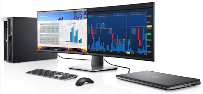 Il monitor Dell da 49" è in grado di ricaricare portatili ed accessori tramite la porta USB-C Il monitor Dell da 49" collegato ad altri prodotti in una immagine stampa