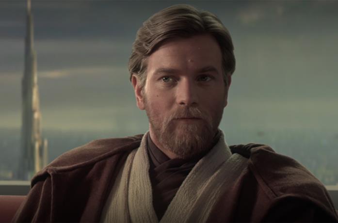 Primo piano di Ewan McGregor nei panni di Obi-Wan Kenobi ne La Vendetta dei Sith