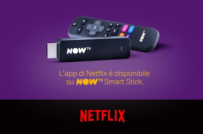 Immagine promozionale della NOW TV Smart Stick; in basso il logo di Netflix