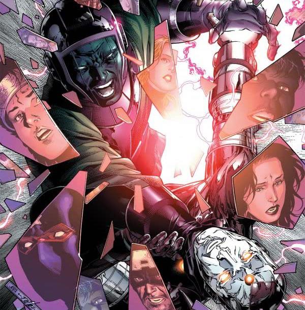 Kang che grazie ai viaggi nel tempo si scontra con Iron Lad, la sua versione più giovane Dettaglio della cover di Young Avengers #5