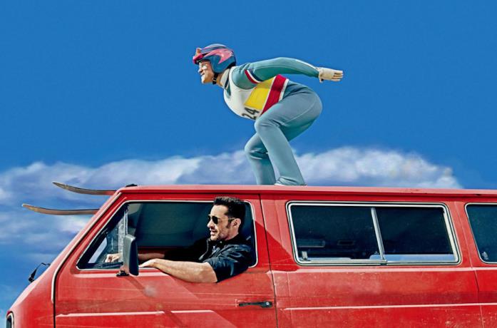 Taron Egerton e Hugh Jackman nel poster del film Eddie the Eagle