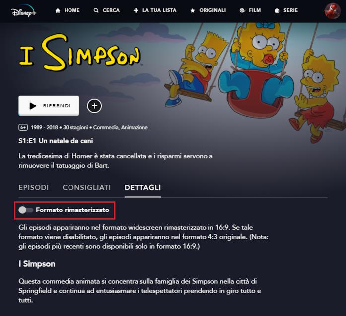 I Simpson su Disney+ ora anche nel formato 4:3 originale L'opzione 'Formato rimasterizzato' nella scheda Dettagli de I Simpson