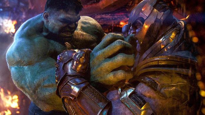 Un fotogramma della sequenza di Hulk contro Thanos in Avengers: Infinity War