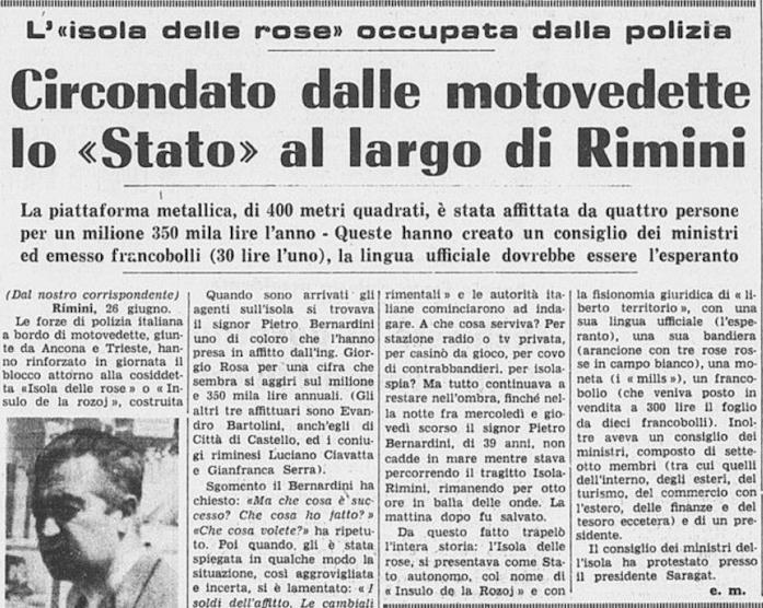 Articolo de La Stampa sull'Isola delle Rose Un estratto di un articolo riguardo l'Isola delle Rose