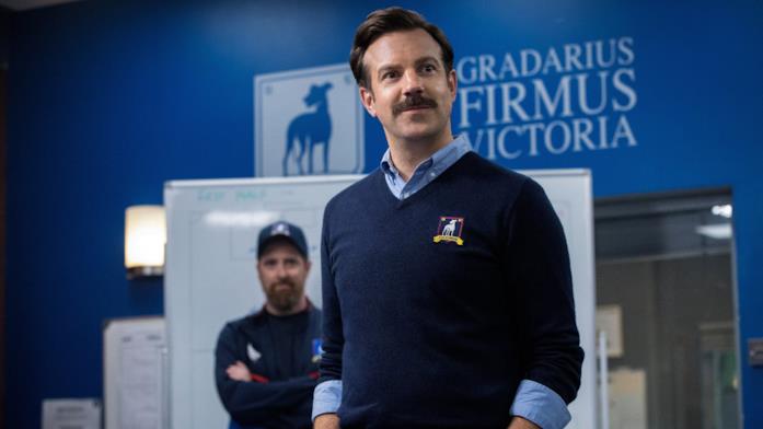 Una scena di Ted Lasso, che vede Jason Sudeikis protagonista Jason Sudeikis in una scena di Ted Lasso