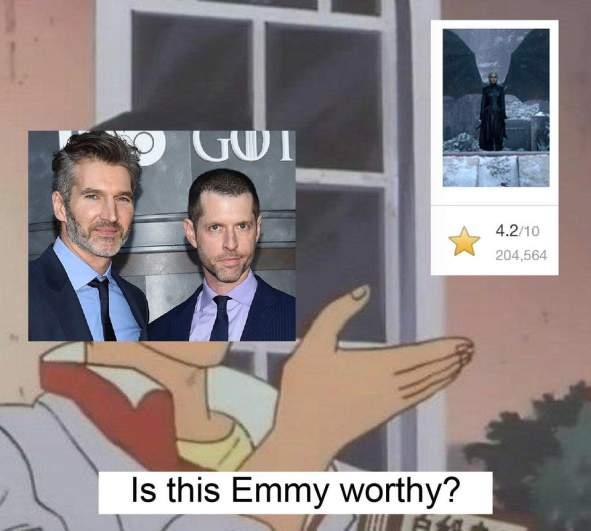 Game of Thrones fa record di nomination agli Emmy: le reazioni dei fan Un meme scherza sulle nomination di D&D per The Iron Throne