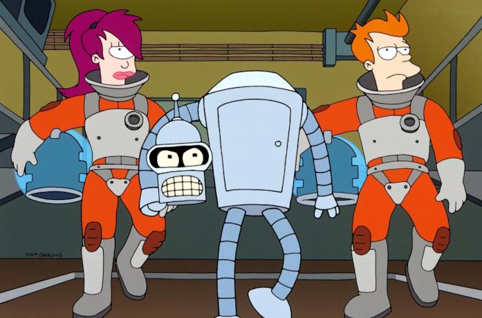 Leela, Bender e Fry in una scena del cartoon Futurama