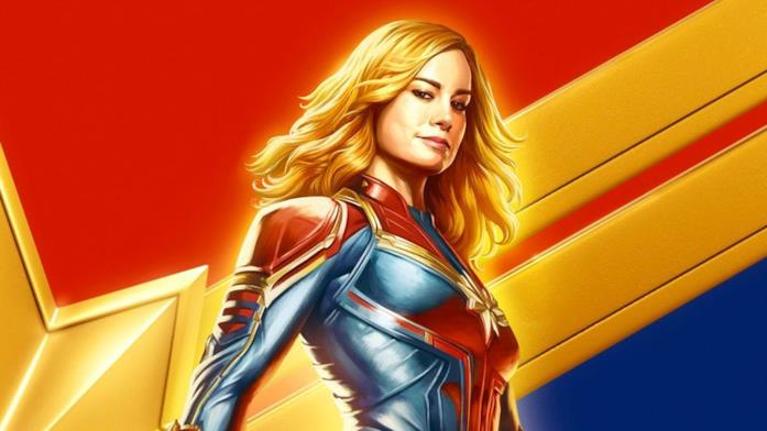Un primo piano di Captain Marvel nel poster ufficiale del film