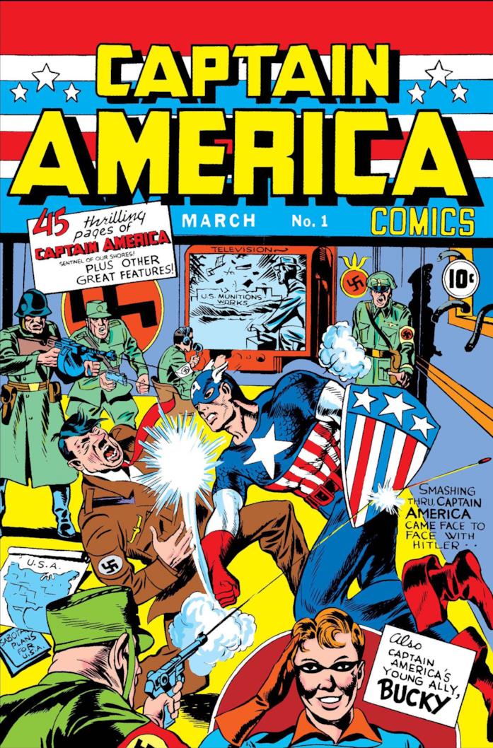 La storia dello scudo di Cap Steve Rogers dà un pugno a Hitler nella cover del fumetto numero 1