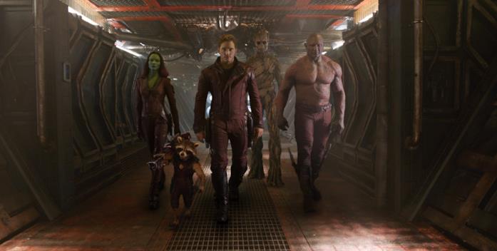 I Guardiani della Galassia nel proprio film di debutto Zoe Saldana, Chris Pratt e Dave Bautista in Guardiani della Galassia
