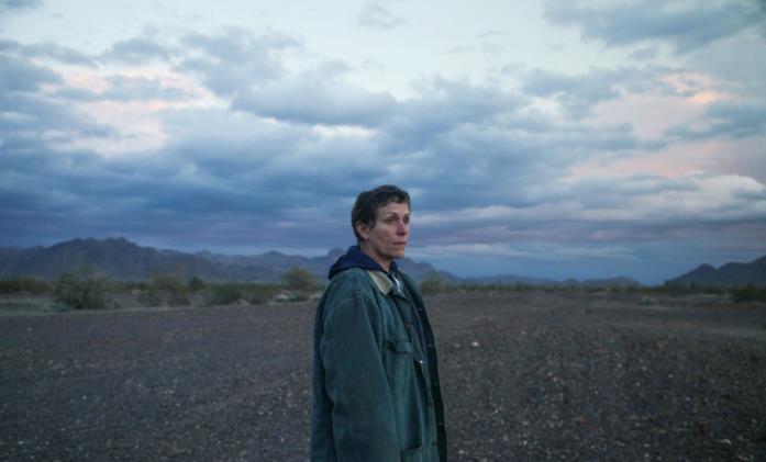 Nomadland Francis McDormand contempla il paesaggio desolato