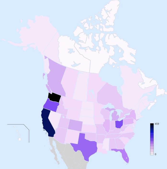 Una mappa degli avvistamenti del Bigfoot Gli avvistamenti del Bigfoot in America e Canada