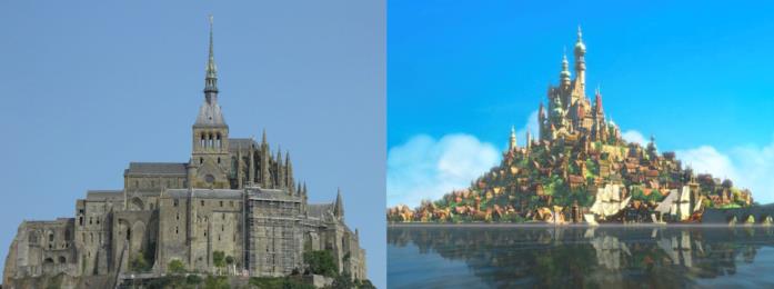 L’Abbazia di Mont Saint-Michel e il castello del film Rapunzel L’Abbazia di Mont Saint-Michel e il castello del film Rapunzel a confronto