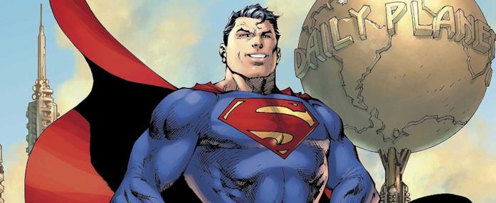 Una vignetta tratta dai fumetti di Superman Superman, con il classico vestito, si trova vicino alla sede del Daily Planet