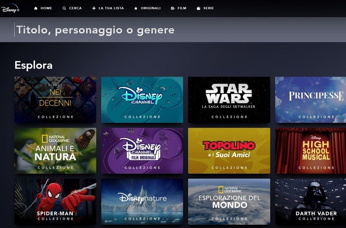 La schermata di ricerca contenuti su Disney+
