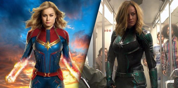 I costumi di Carol Danvers in Captain Marvel Captain Marvel: a sinistra il costume rosso e blu, a destra quello nero e verde