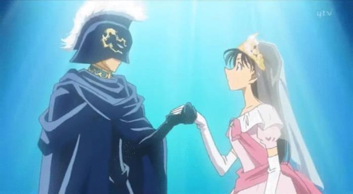 Shinichi recita al fianco di Ran Shinichi mascherato da cavaliere in occasione della recita