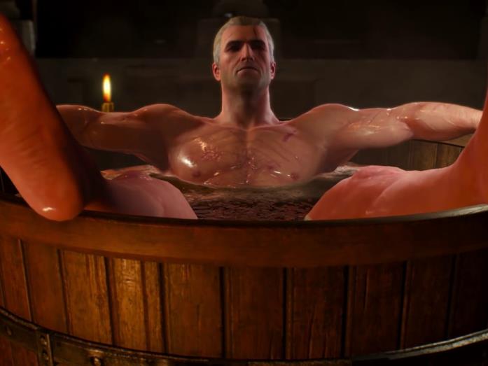 The Witcher 3, la scena del bagno Geralt fa il bagno nel videogioco
