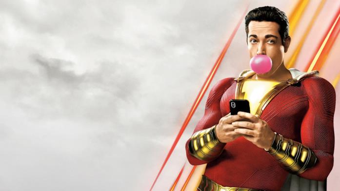 Shazam! 2 è tra i film di prossima uscita Shazam con una gomma da masticare e il cellulare in mano