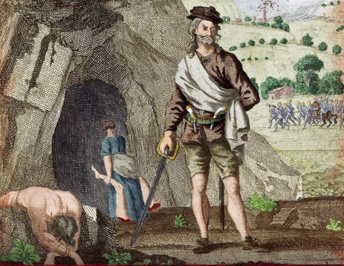 Stampa colorizzata che raffigura Sawney Bean Stampa colorizzata che raffigura Sawney Bean e la moglie, XVIII secolo, autore sconosciuto