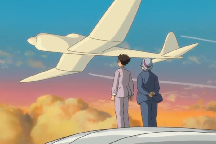 Jiro e Caproni in un sogno Jiro mostra il progetto incompleto del proprio aeroplano a Caproni in un sogno