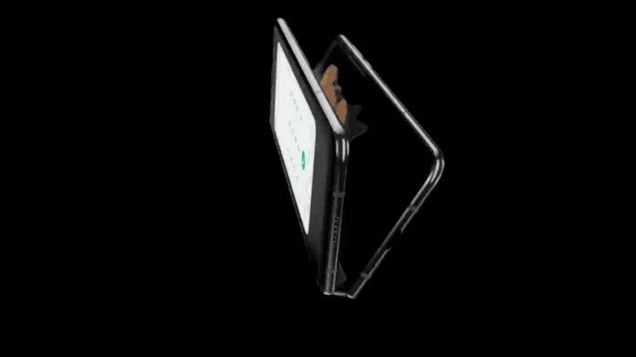 Il Galaxy Fold è il dispositivo pieghevole presentato da Samsung all'evento Unpacked 2019 Una GIF mostra il meccanismo di apertura del Galaxy Fold