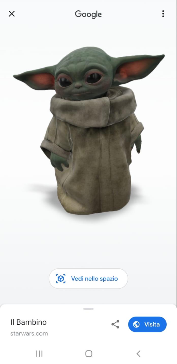 Baby Yoda in 3D su Google La schermata di Google che mostra Grogu