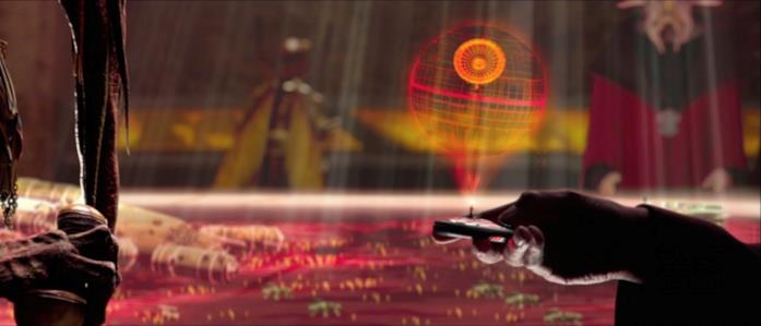 Morte Nera dalla costruzione all'immagine sottosopra di Rogue One L'ologramma di colore rosso della Morte Nera
