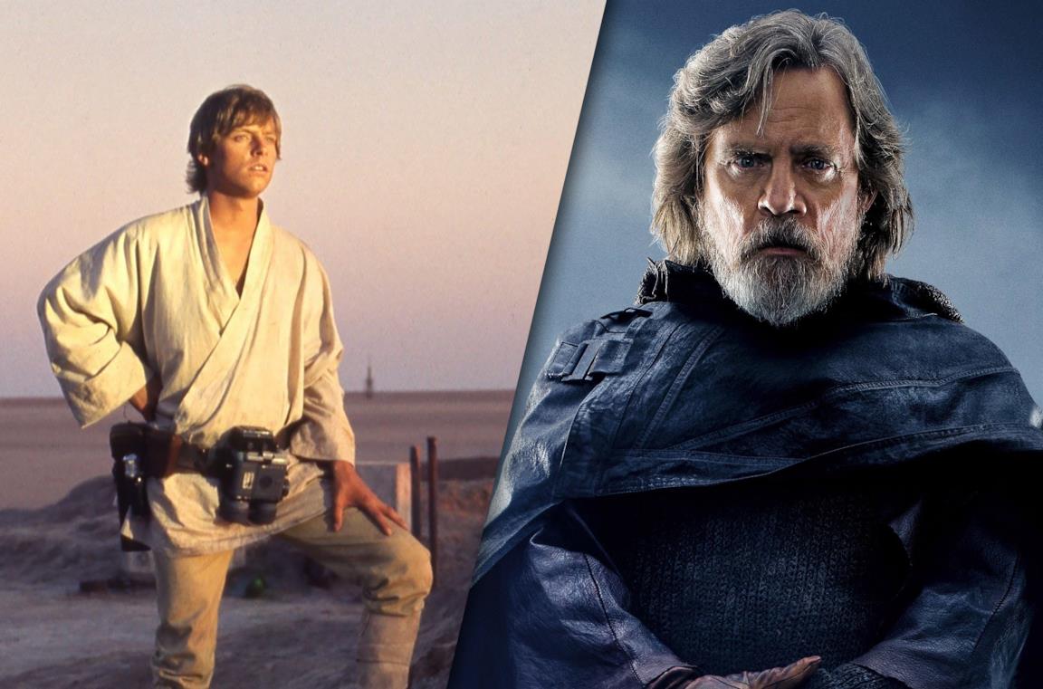 Luke Skywalker in Guerre Stellari (1977) e Gli ultimi Jedi (2017)