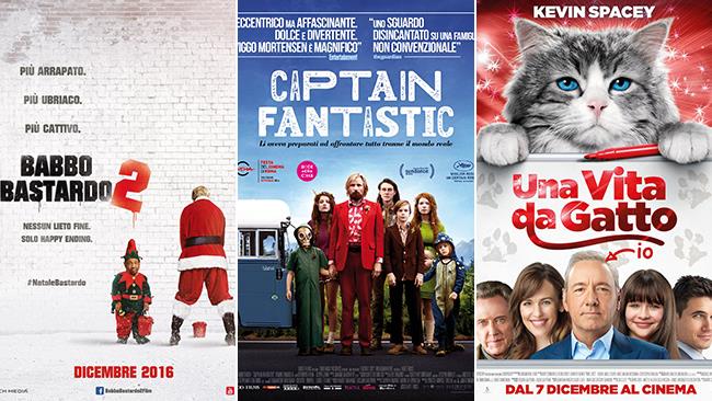 Le locandine dei film Babbo Bastardo 2, Captain Fantastic, Una Vita da Gatto