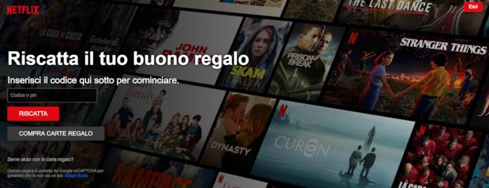 I codici delle carte regalo Netflix si riscattano online Screen della pagina Netflix per riscattare un codice
