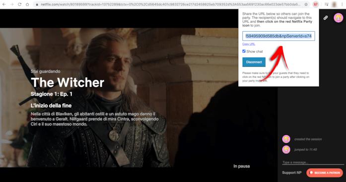 Netflix Party include anche un box per la chat in diretta L'URL di Netflix Party da condividere e (a sinistra) la chatroom