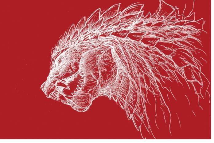 Godzilla disegnato in bianco su sfondo rosso