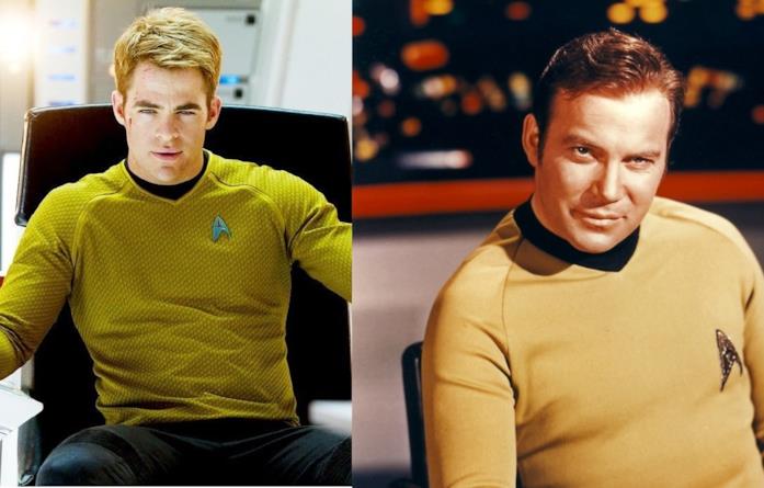 Il capitano Kirk e i suoi interpreti Chris Pine e l'attore della serie originale William Shatner