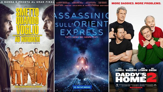 I poster dei film Smetto Quando Voglio - Ad Honorem, Assassinio sull'Orient Express, Daddy's Home 2