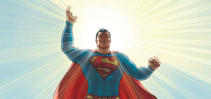 Superman è anche simbolo cristologico e messianico, nel suo eroismo Randiano Mezzobusto di Superman disegnato da Frank Quitely, da All-Star Superman, con il sole alle sue spalle